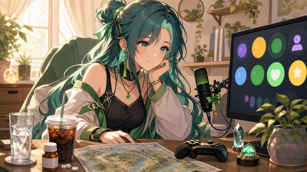 配信部屋でゲーム画面と飲み物を前に準備する人物のイメージ