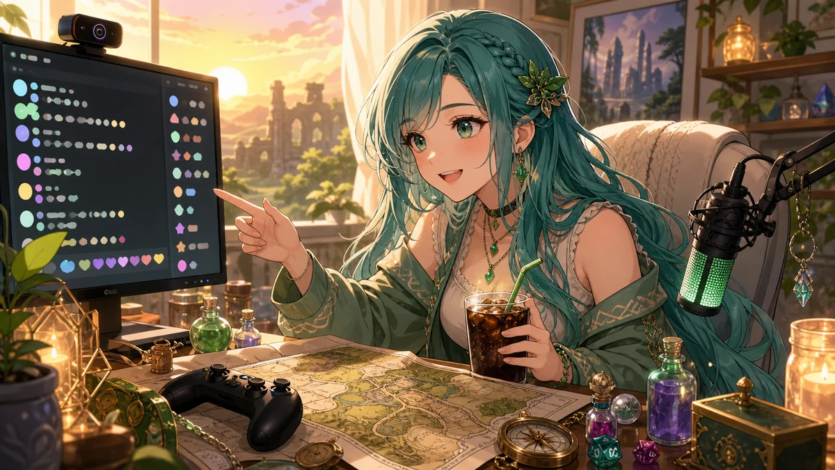 朝の光が入る配信部屋で地図とゲームパッドを見比べる人物のイメージ