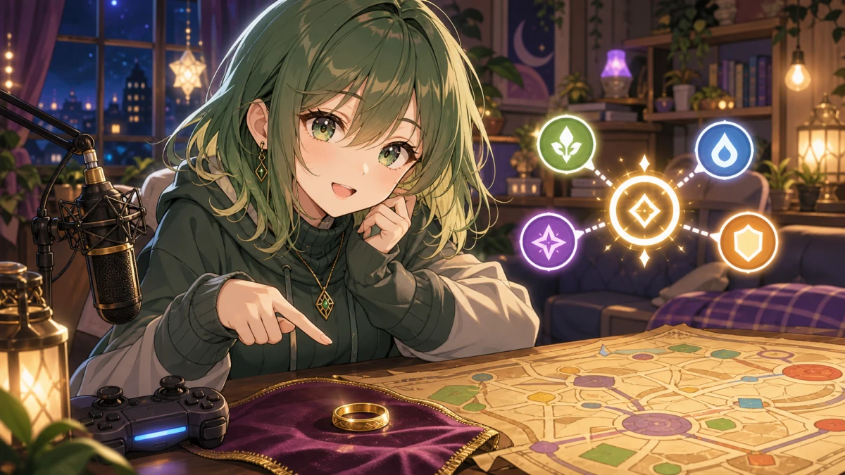 夜の配信机でゲーム地図と小さなリングを見比べる人物のイメージ
