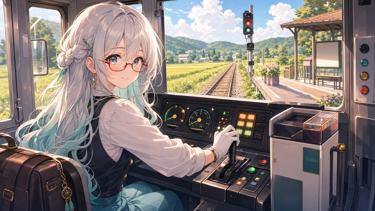 郊外の線路と小さな駅を背景に銀色の長髪の人物が慎重にブレーキを操作するイメージ