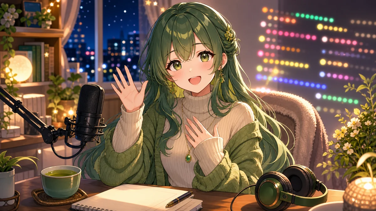 深夜の配信部屋でマイクとノートを前に挨拶する女性キャラクター
