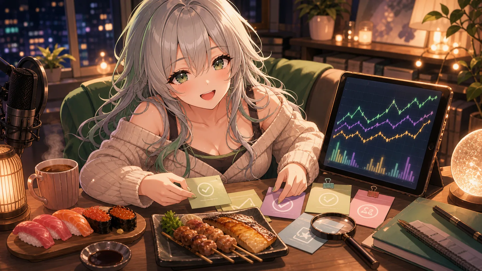 食べ物と相場グラフと確認メモを同じ机で整理するオリジナル女性キャラクター