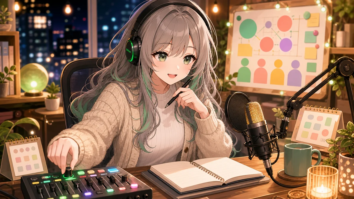 夜の配信机で音量つまみと予定ボードを確認する女性キャラクターのイメージ