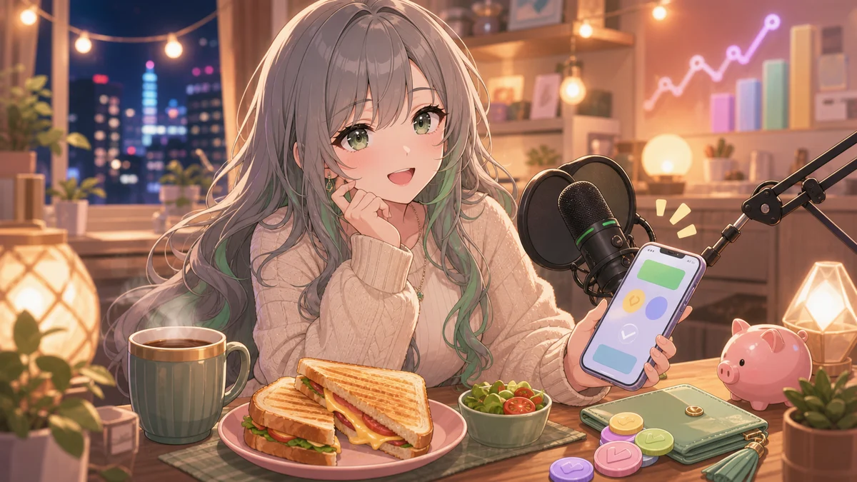 ホットサンドとスマートフォン決済画面を置いた夜の配信机のイメージ