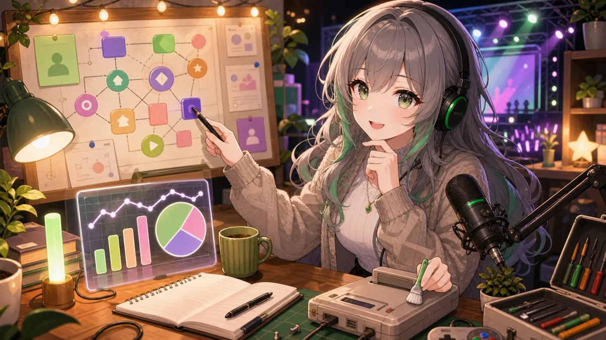 抽象的な戦略ボードと古いゲーム機の修理道具を前に考える女性キャラクターのイメージ