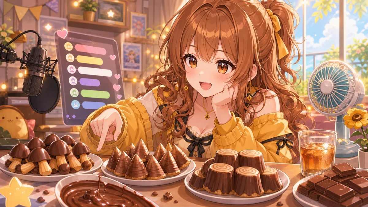 菓子皿と飲み物を置いた机でコメント欄の好みを拾う人物のイメージ