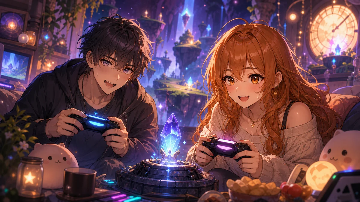 夜のゲーム部屋でセーブ地点へ向かって集中する二人の人物のイメージ