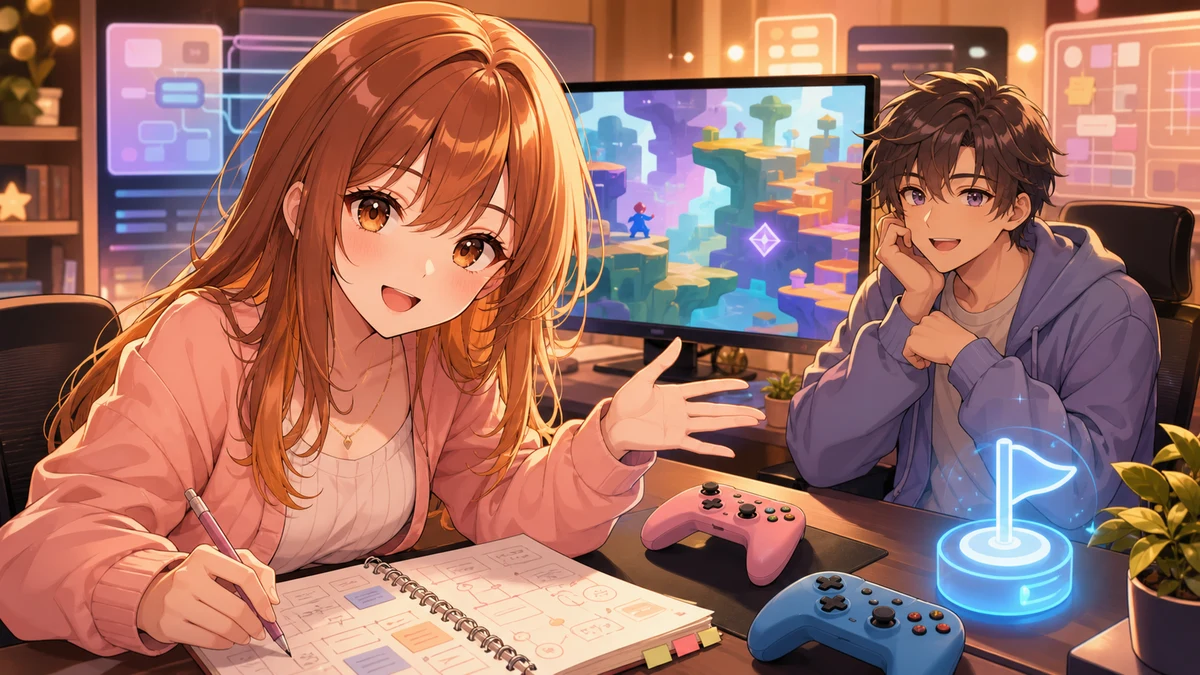ゲーム配信の画面と確認用のノートを前に二人の人物が流れを整理するイメージ