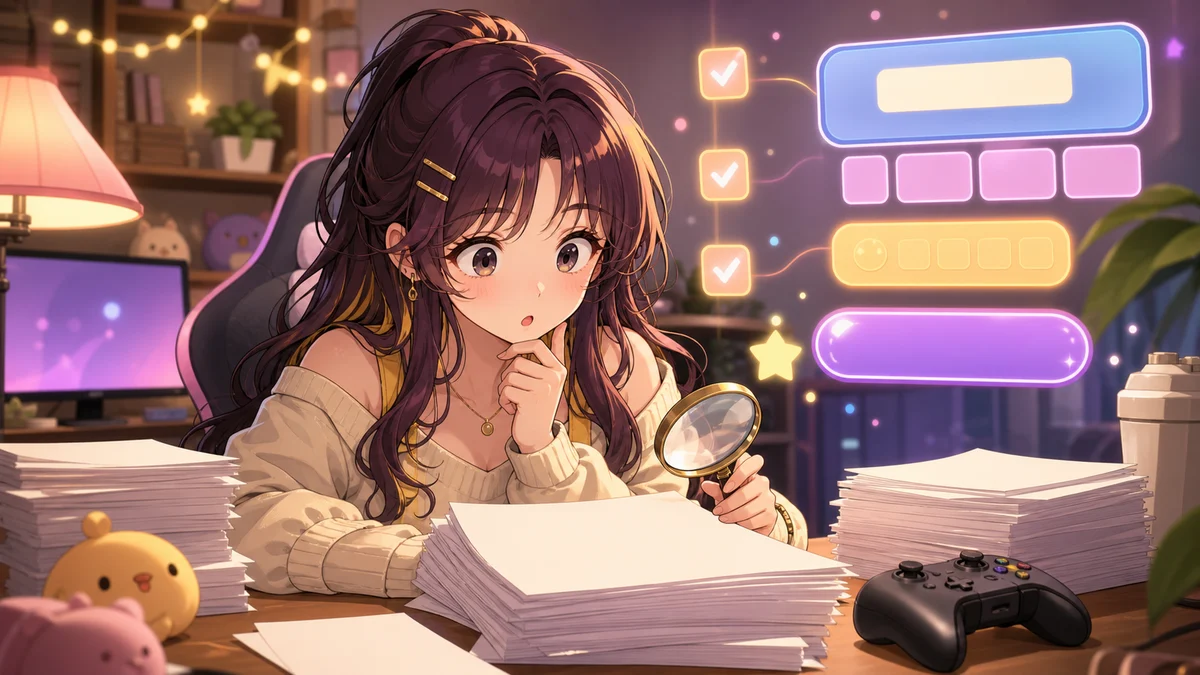 明るい配信部屋で規約書風の紙束とコントローラーを前に考え込む女性キャラクターのイメージ