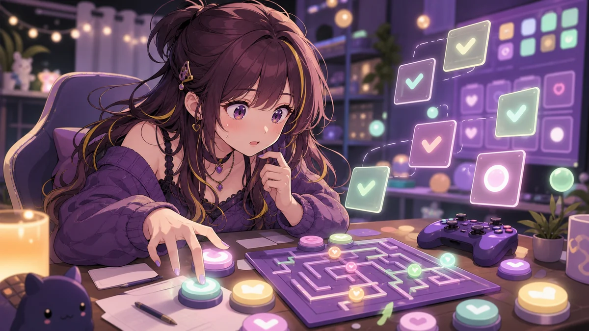 机の上のチェックボックス風パズルと小さなボタンを見比べる女性キャラクターのイメージ