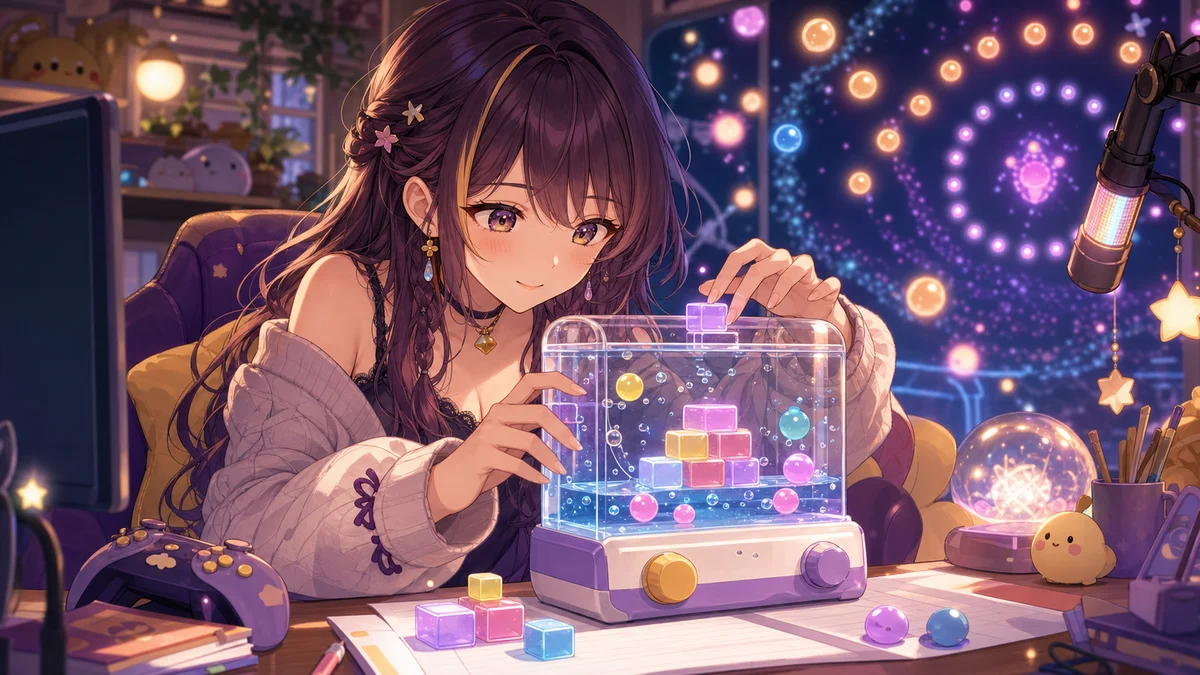 小さな水槽パズルと数字コード、抽象的な光の弾を前に集中する女性キャラクターのイメージ