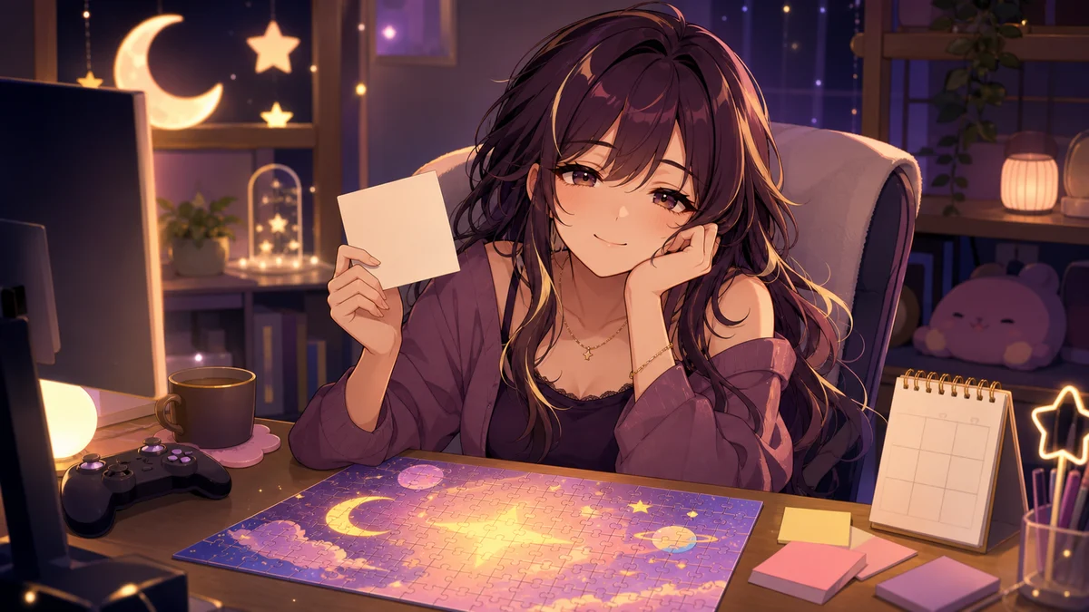 配信終わりのデスクで予定メモとカレンダーを確認する女性キャラクターのイメージ