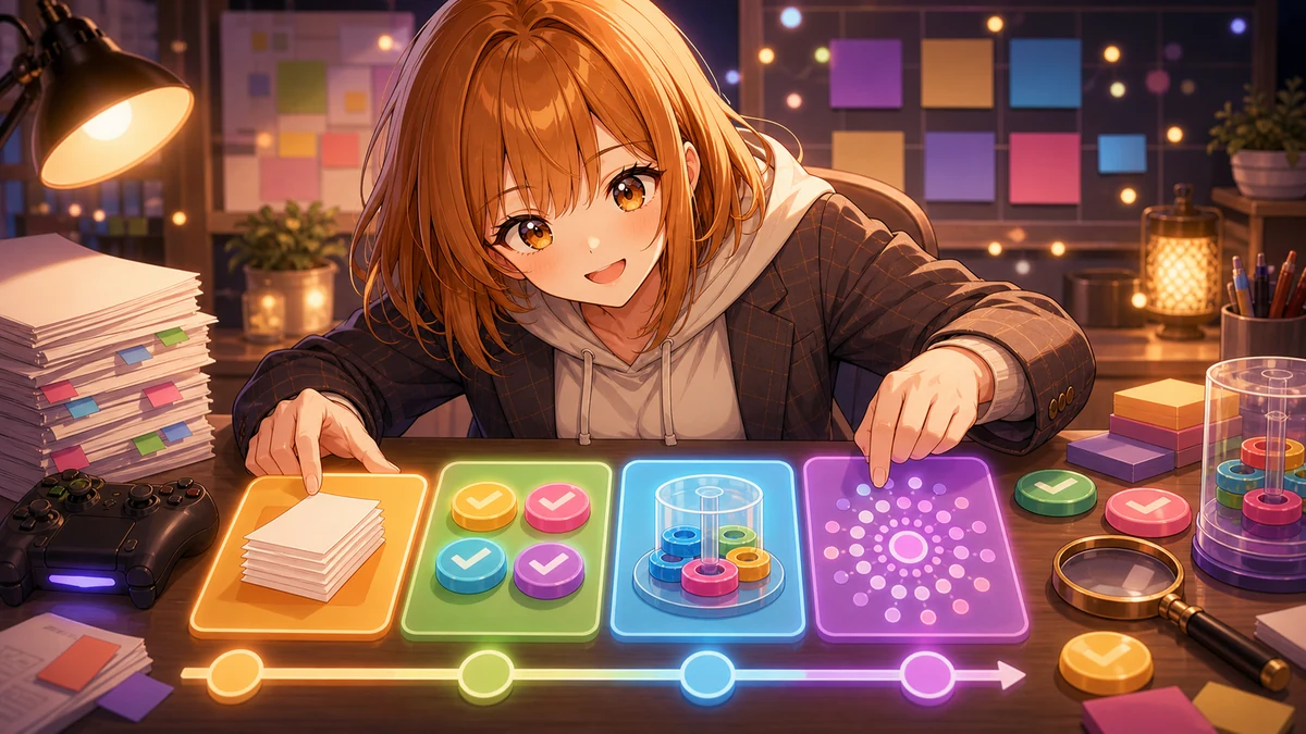 編集デスクで色付きカードと水槽パズル、丸いボタンを整理する女性キャラクターのイメージ