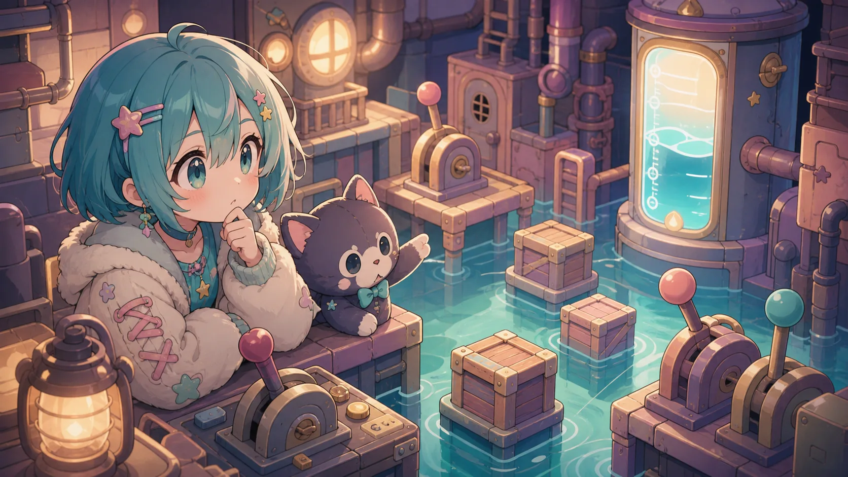 排水ギミックと水位を見比べるオリジナルキャラクターのイメージ