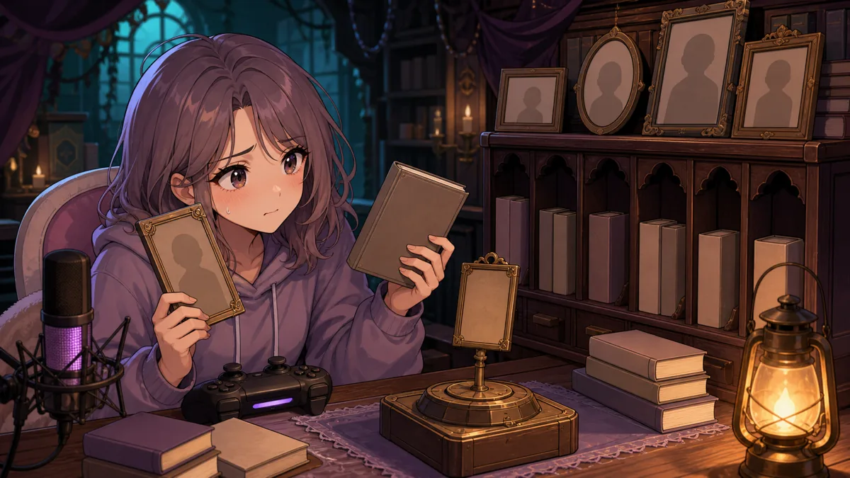 肖像と本棚の謎解きに向き合うオリジナルキャラクターのイメージ
