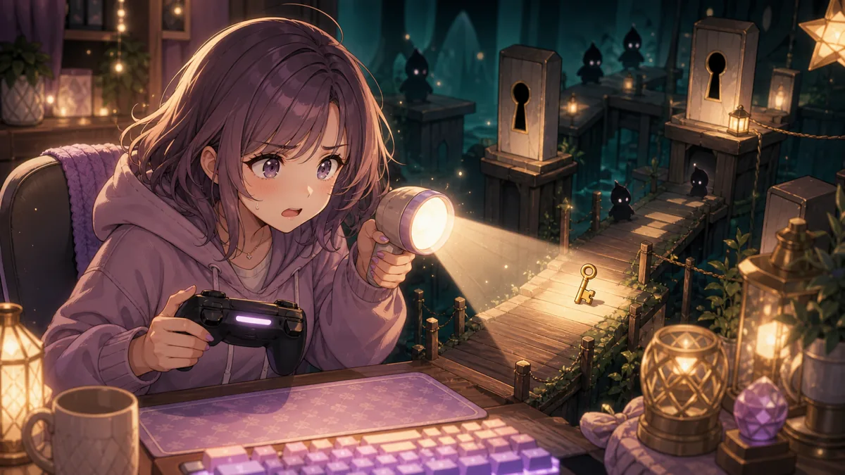 ライトで影を追い払いながら鍵を運ぶオリジナルキャラクターのイメージ