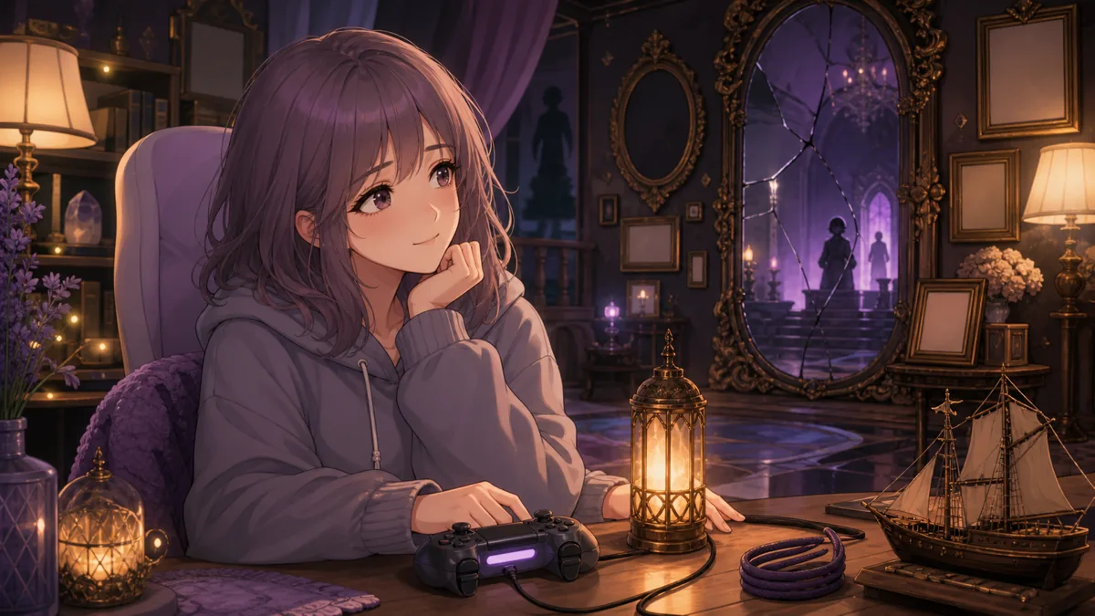 レディの部屋を抜けた後に配信机で余韻を受け止めるオリジナルキャラクターのイメージ