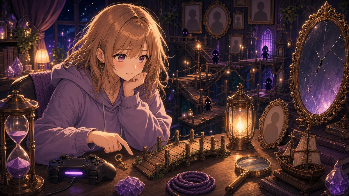 配信机の小物を並べて暗い館の場面を振り返るオリジナルキャラクターのイメージ