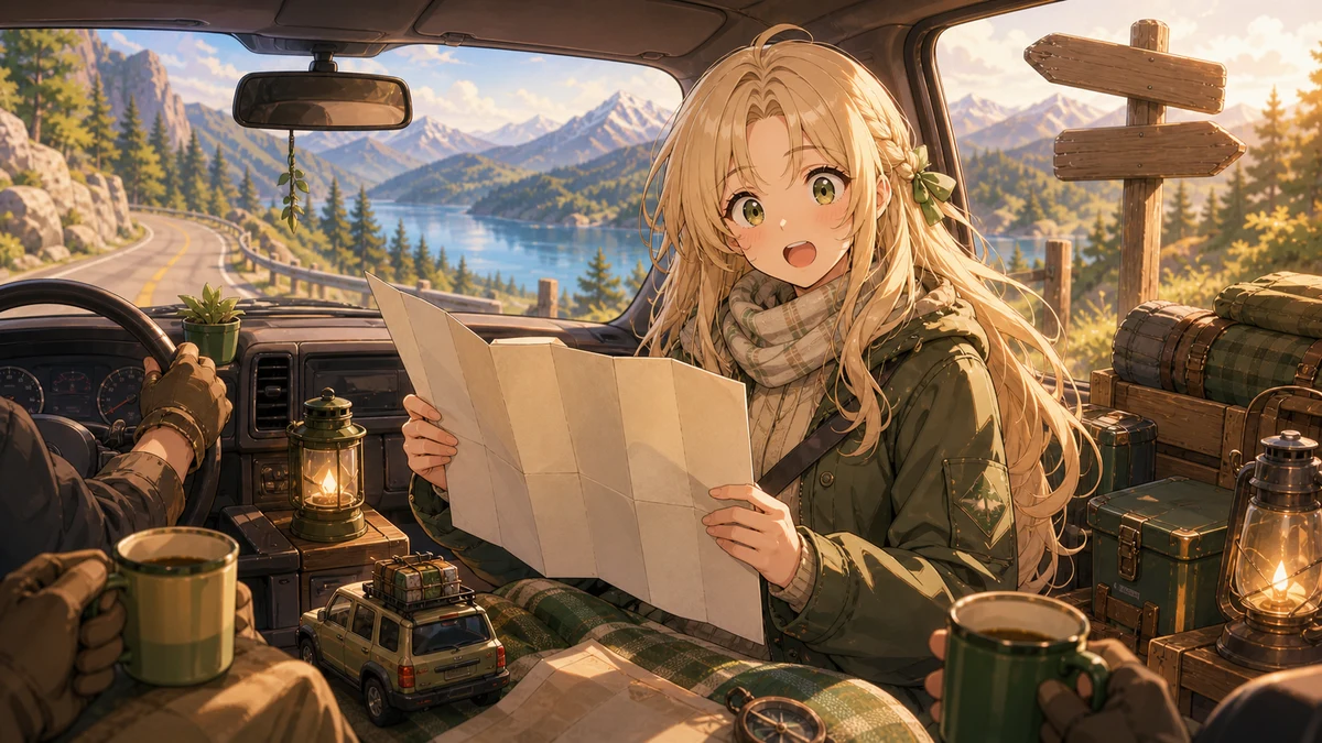 車内で地図を確認しながら山道へ向かう配信場面のイラスト