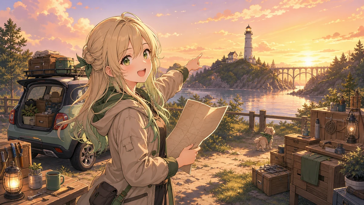 夕方の灯台と小さな車旅の拠点を眺める女性キャラクターのイメージ