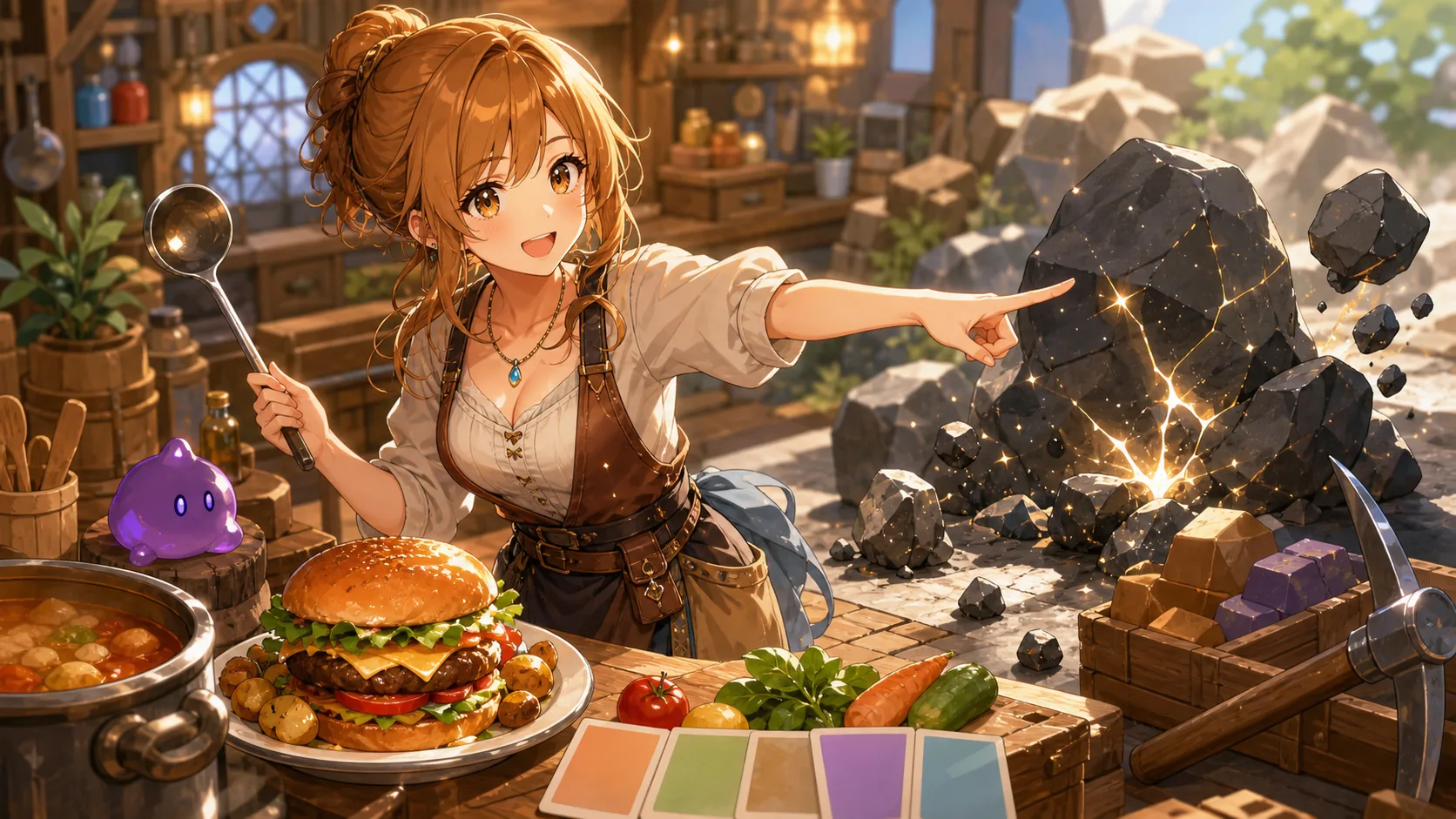 料理効果と岩砕きの仕組みを説明するオリジナル女性キャラクターのイメージ