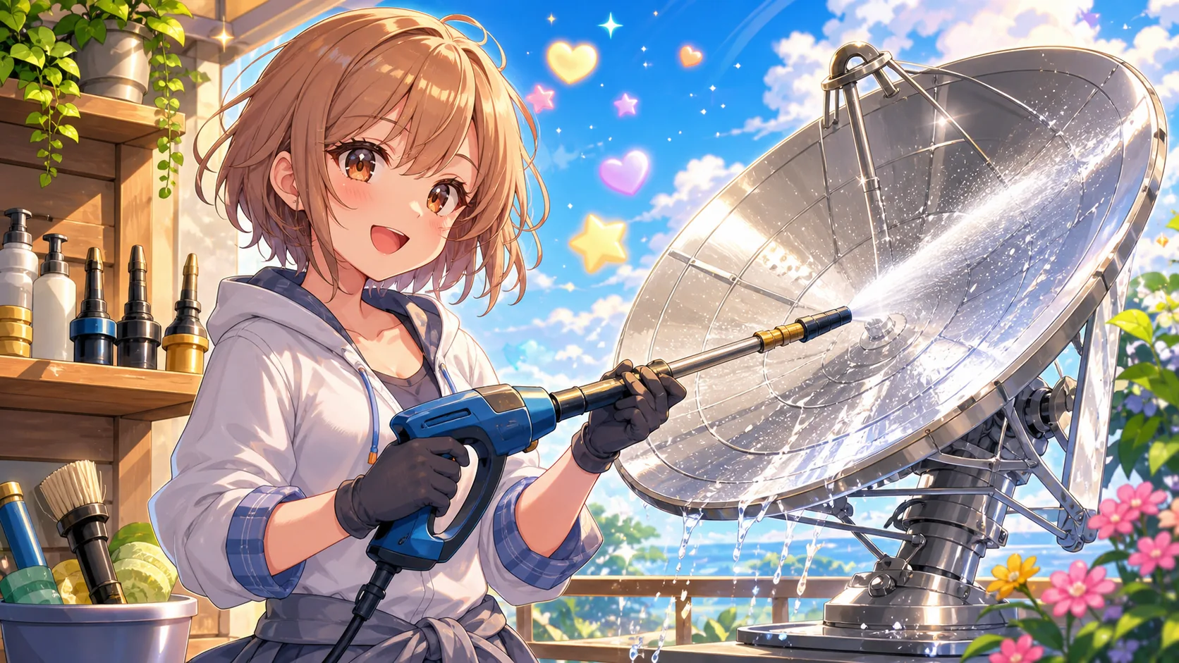 パラボラアンテナ掃除とコメントの往復を描いたオリジナルキャラクターのイメージ