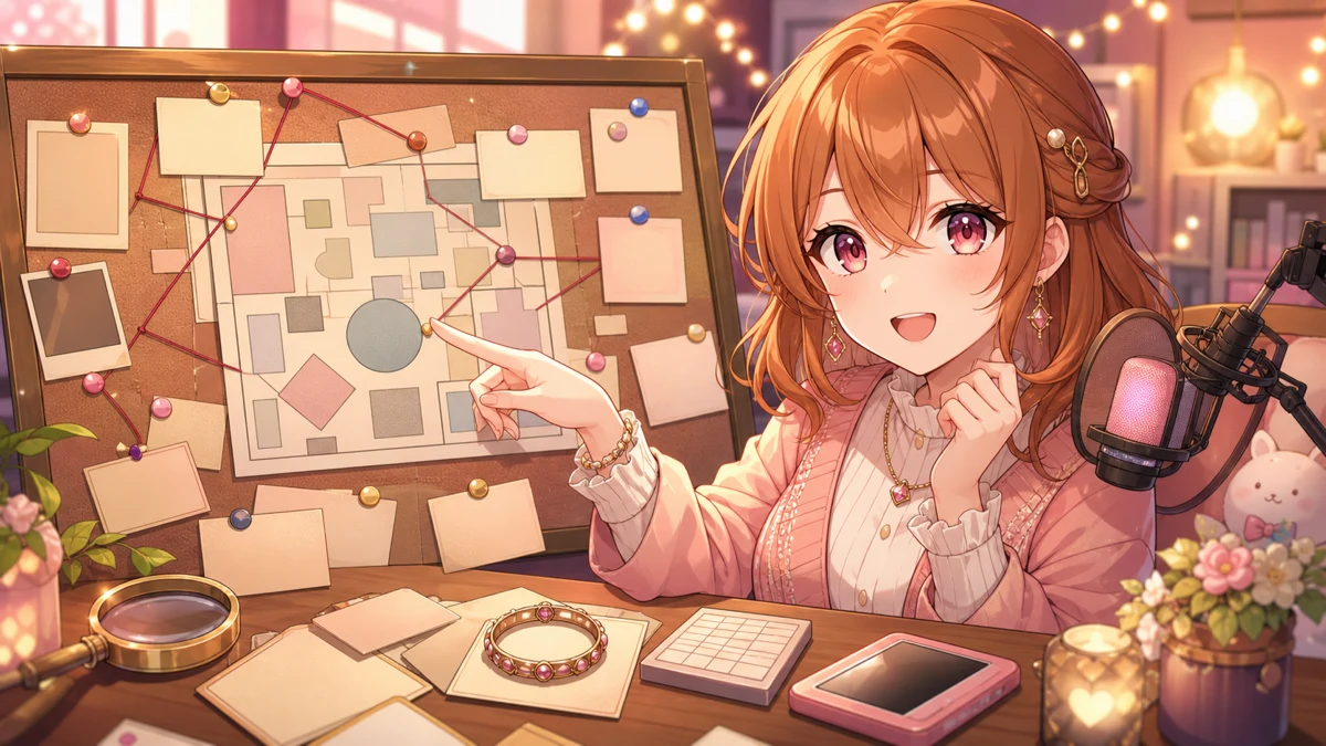 明るい配信部屋で推理ボードと資料を前に考え込む女性キャラクターのイメージ