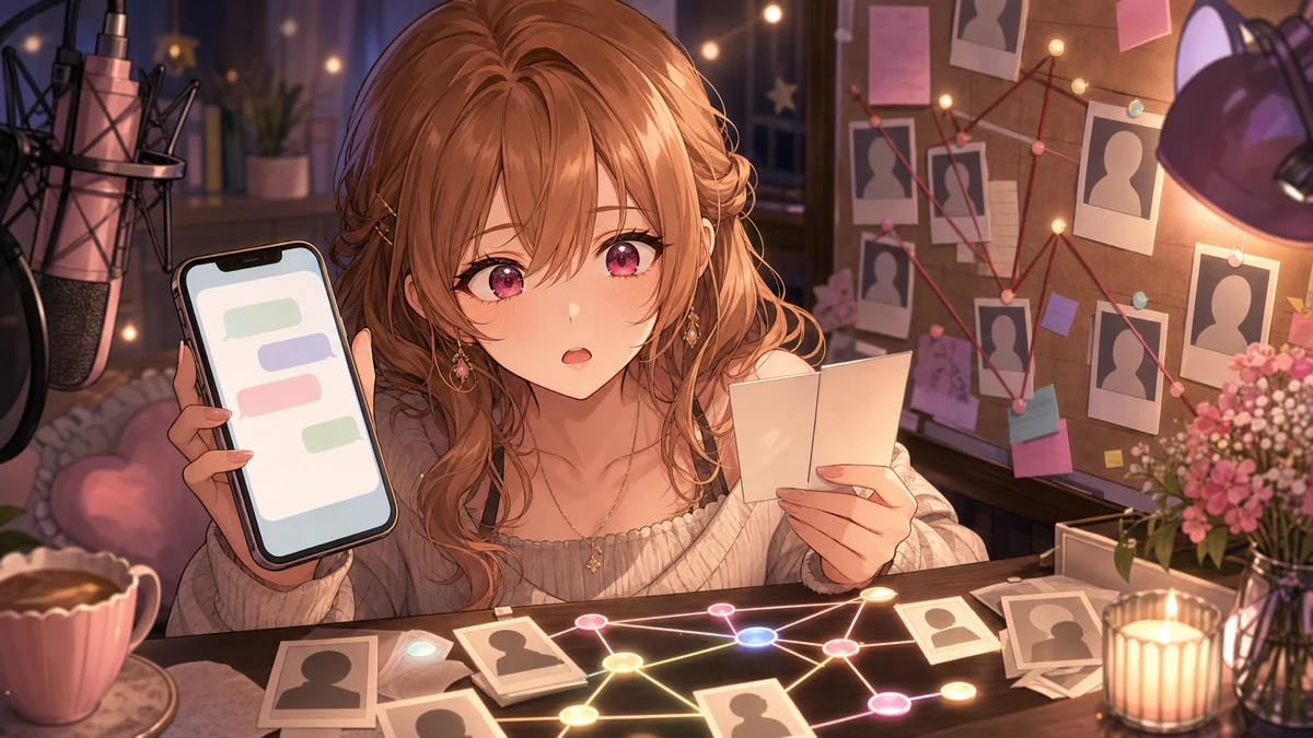 スマホの通知とチャット画面を抽象的に示した資料を見比べる女性キャラクターのイメージ