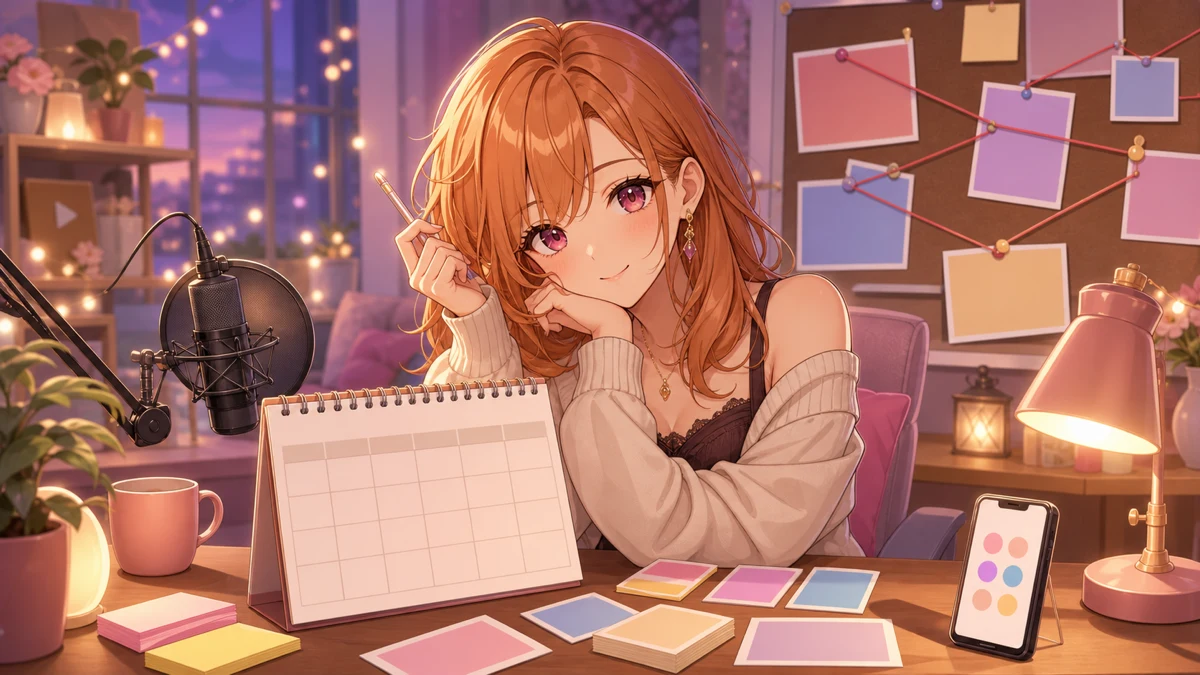 カレンダーと配信予定メモを横に置き、次の調査へ向かう女性キャラクターのイメージ