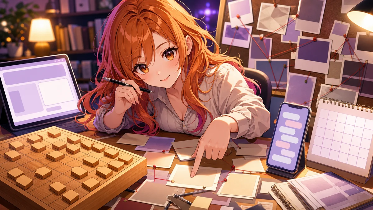 推理資料と公式導線を机に並べ、配信内容を整理する女性キャラクターのイメージ
