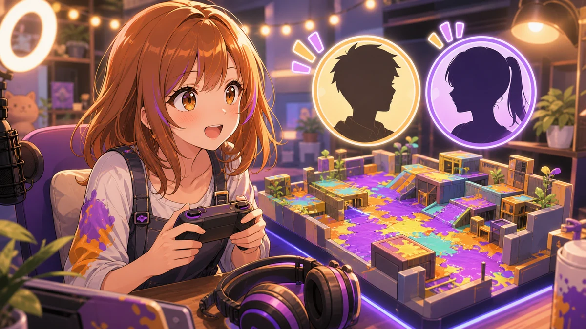 明るいゲーム配信部屋で仲間の画面を見ながら試合へ向かう女性キャラクターのイメージ