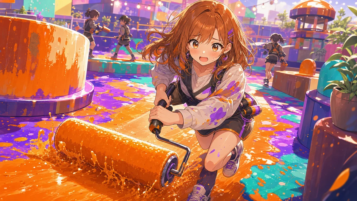 インクで明るく塗られたステージをローラーで進む女性キャラクターのイメージ