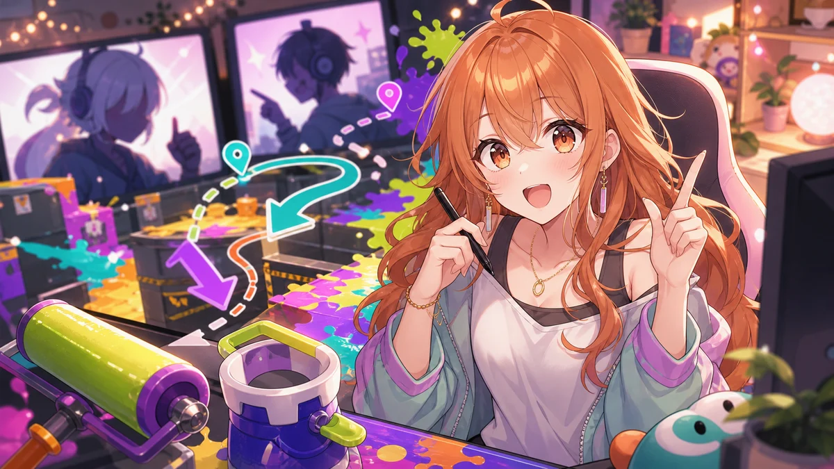 明るい配信部屋とカラフルなインクの中でゲームの役割を整理する女性キャラクターのイメージ