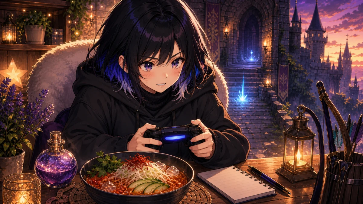 配信机のカップとゲームの城内通路を並べて身構える女性キャラクターのイメージ