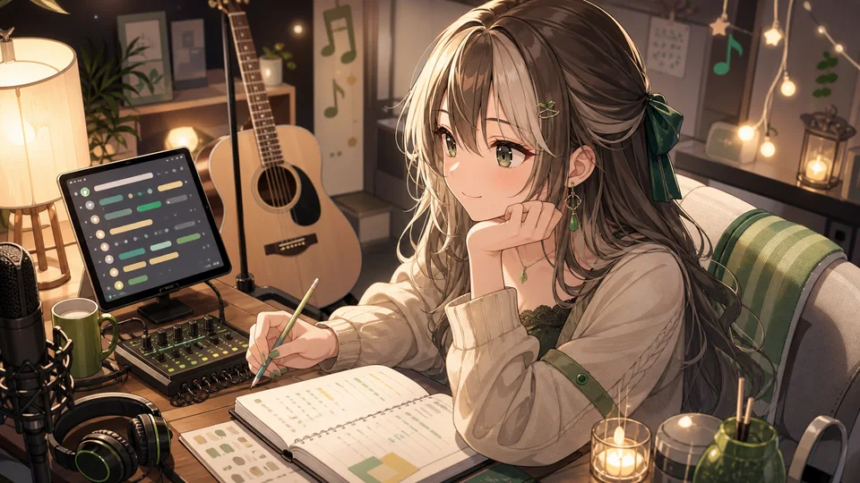 ギターと配信メモを前に曲後の振り返りを整理する女性キャラクター