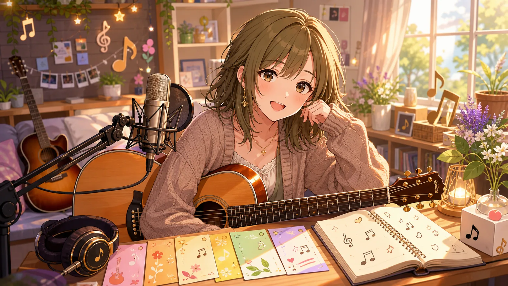 アコギ歌枠の曲順メモと配信机を見ながら昼のアーカイブを整理するオリジナル女性キャラクターのイメージ