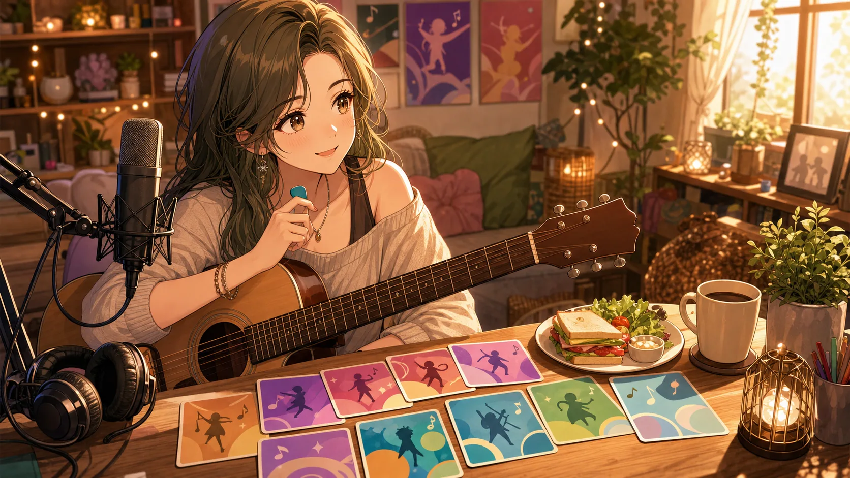 リクエストの色紙とアコギを前に、昼食の飲み物を置いて次の曲を選ぶオリジナル女性キャラクターのイメージ
