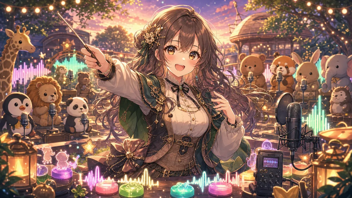 小さな動物たちの合唱ステージで録音音声を指揮する、かわいいオリジナルキャラクターのイメージ