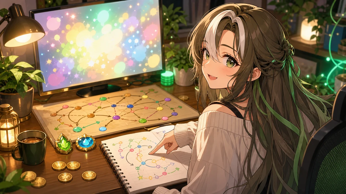 配信机でバッジとコイン、ノートを見比べる女性キャラクターのイメージ