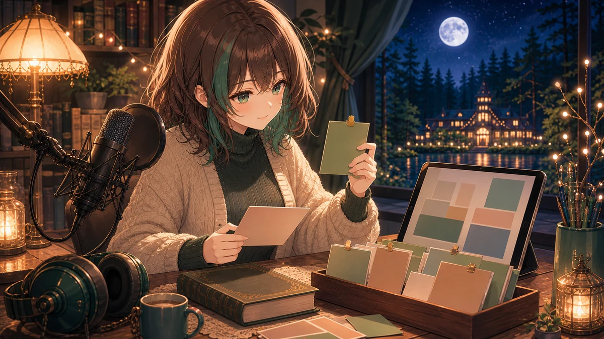 月夜の読書机でマイクと無文字の資料カードを整理するオリジナル女性キャラクターのイメージ