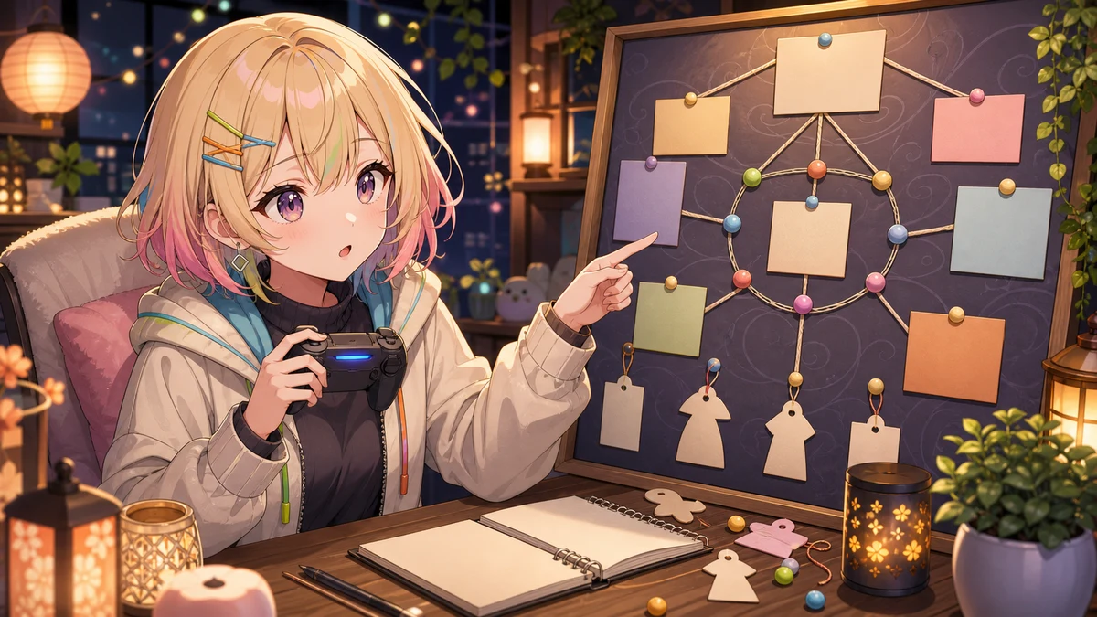 夜の配信部屋でコントローラーと怪談メモを前に考える女性キャラクターのイメージ