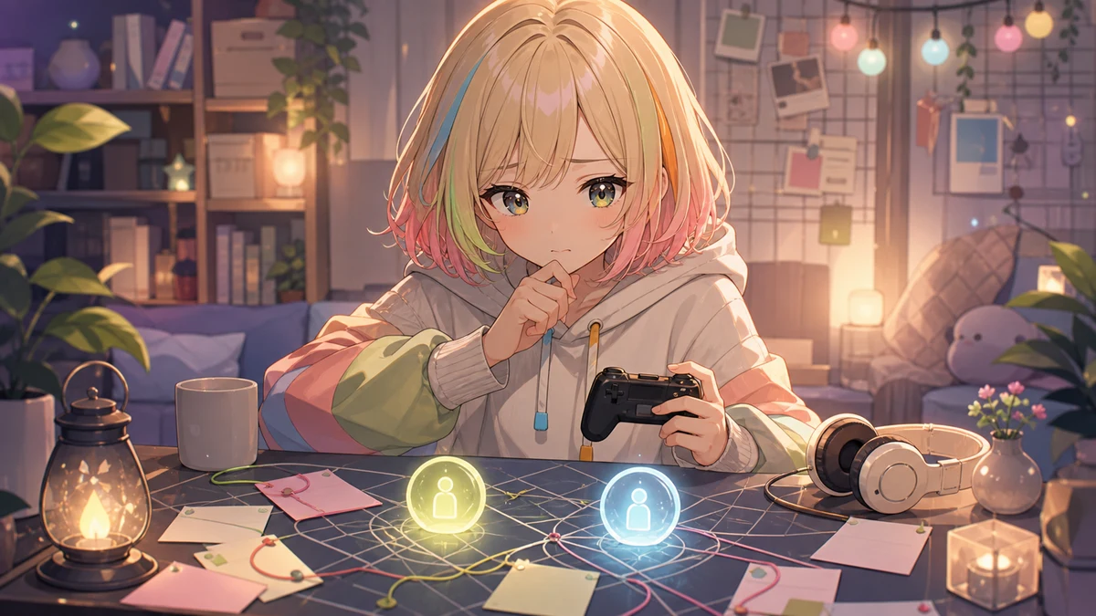 薄暗い街角の地図と小物を見比べながら選択を迷う女性キャラクターのイメージ
