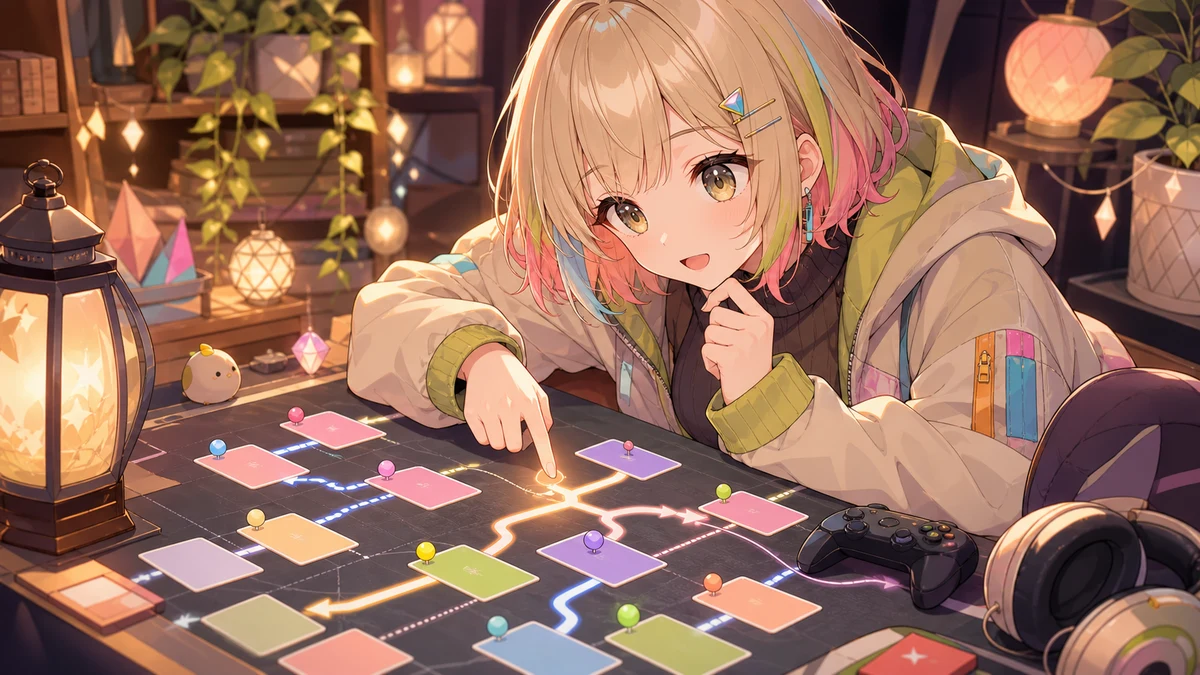 分岐するチャートと付箋の前でルートを選び直す女性キャラクターのイメージ