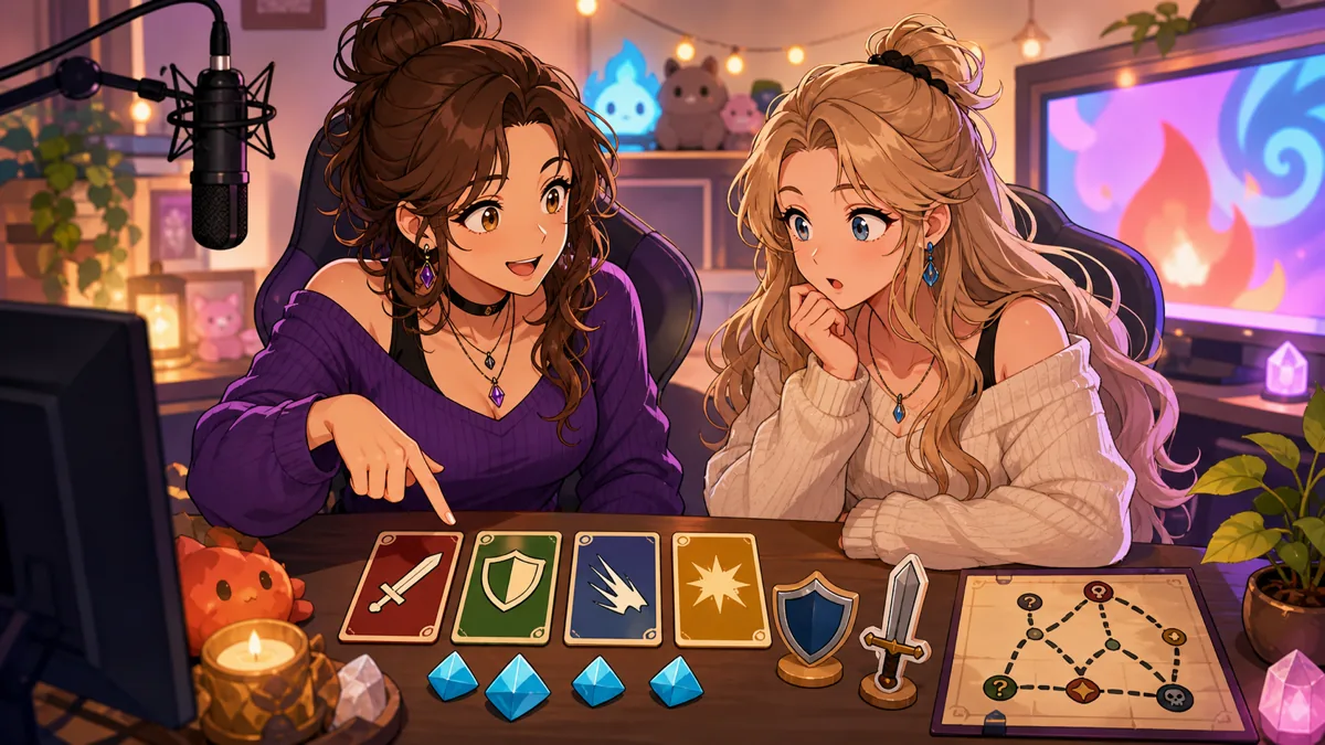 カードゲーム風の画面を前に二人で作戦を確認するオリジナル女性キャラクターのイメージ