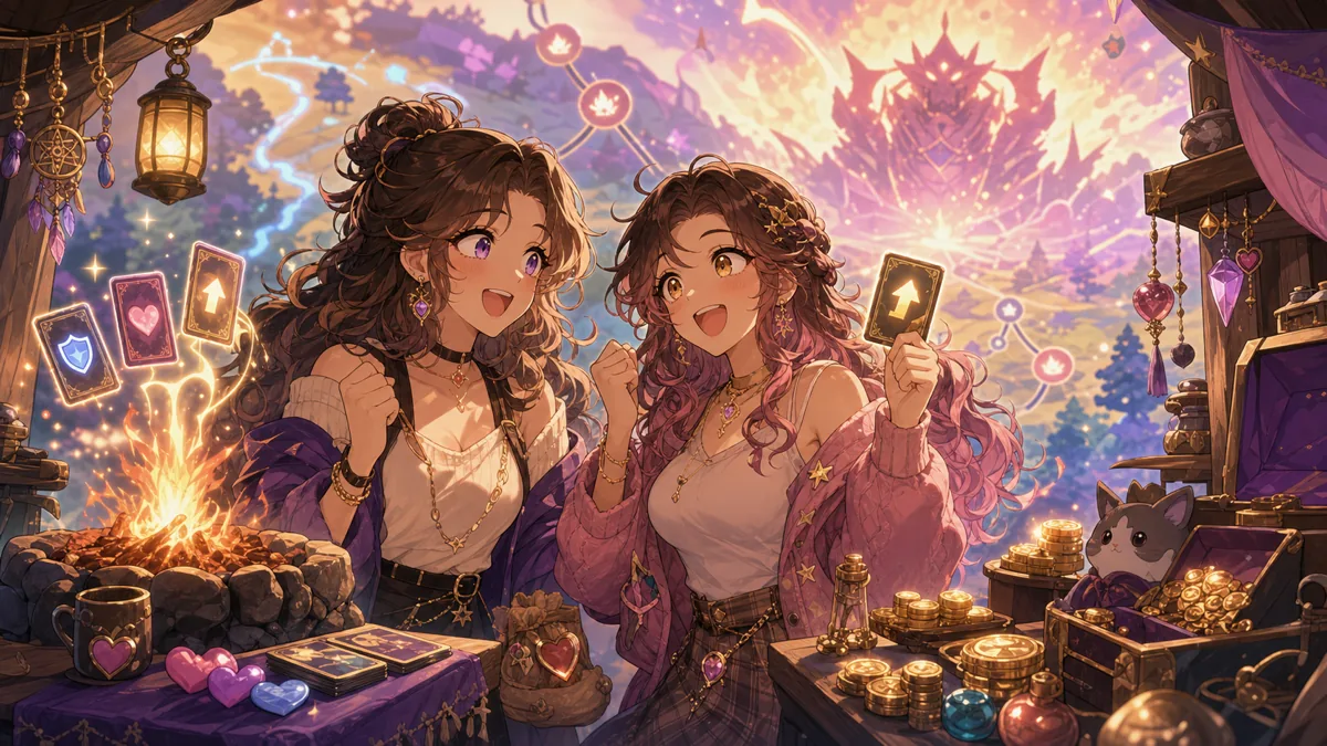 ショップの棚と焚き火の近くでカード強化を相談する二人のオリジナル女性キャラクターのイメージ