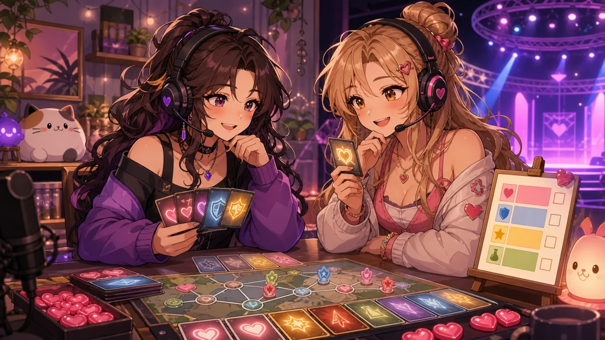 大会前の配信部屋で二人がカードと作戦メモを囲むオリジナル女性キャラクターのイメージ