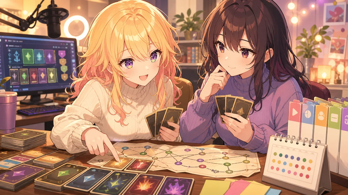 配信部屋の机でカード、分岐マップ、カレンダーを見比べる二人のオリジナル女性キャラクターのイメージ
