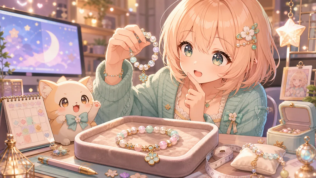 明るい机でサイン入りブレスレットとサイズメモを確認するかわいいオリジナルキャラクターのイメージ