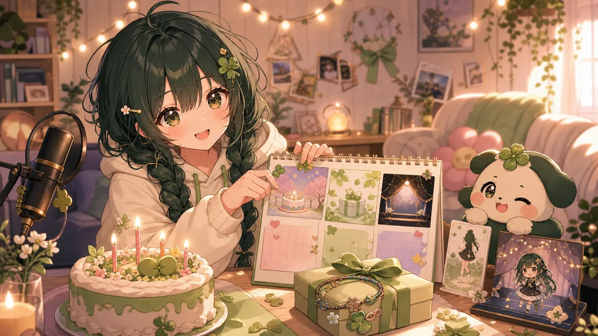 誕生日ケーキと小さなカレンダーを前に4月後半から5月の予定を整理するかわいいオリジナルキャラクターのイメージ