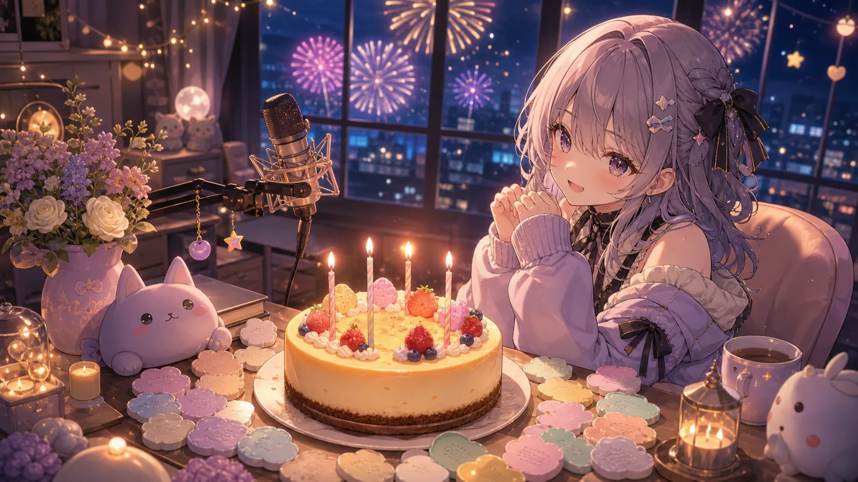 花火の見える配信部屋で誕生日ケーキを前にほほえむオリジナルキャラクターのイメージ